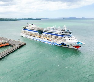 AIDA Bella cruise ship with nationality of Italy, length of 230 meters, width of 32 meters, docked safely at PAS to visit Cambodia for two days
