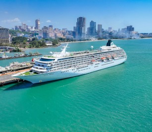 CRYSTAL SYMPHONY cruise ship with nationality of Bahamas, length of 238.01 meters and width of 30.20 meters, docked safely
