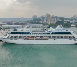 Cruise ship Nautica with Marshall Island nationality, length of 180.45 meters, width of 30.27 meters, and depth of -6.20 meters, docked safely at PAS after leaving Thailand, to visit Cambodia for one day
