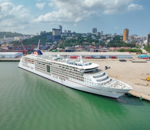 Europa 2 cruise ship with Malta nationality, length of 225.38 meters, width of 29.90 meters, and depth of -6.30 meters, docked safely at PAS to visit Cambodia for one day after leaving Vietnam
