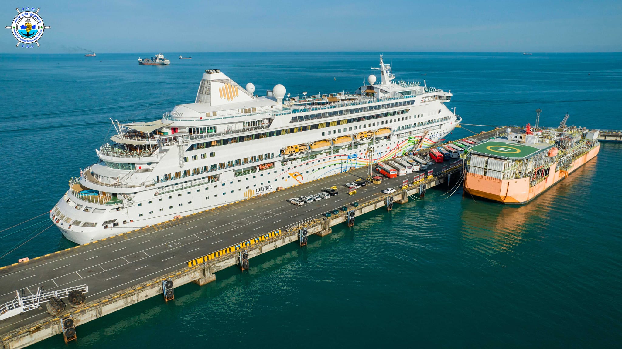 BLUE DREAM MELODY cruise ship with nationality of LIBERIA, length of 202.58 meters, width of 28.1 meters, and depth of 6.2 meters, docked safely at PAS to visit Cambodia for one day
