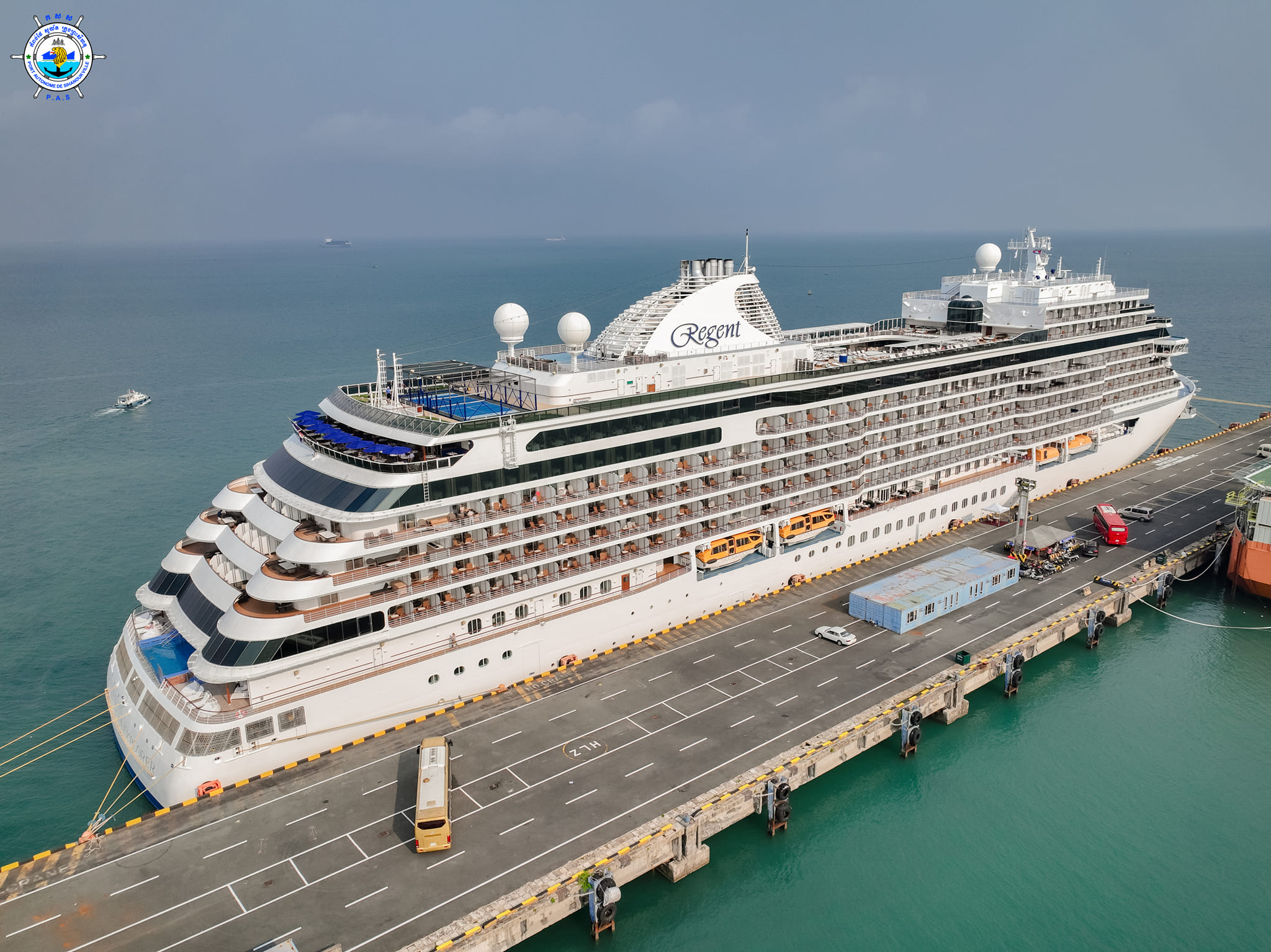 Seven Seas Explorer cruise ship with Marshall Island nationality, length of 223.70 meters, width of 31 meters, and depth of -7.20 meters, docked safely at PAS to visit Cambodia
